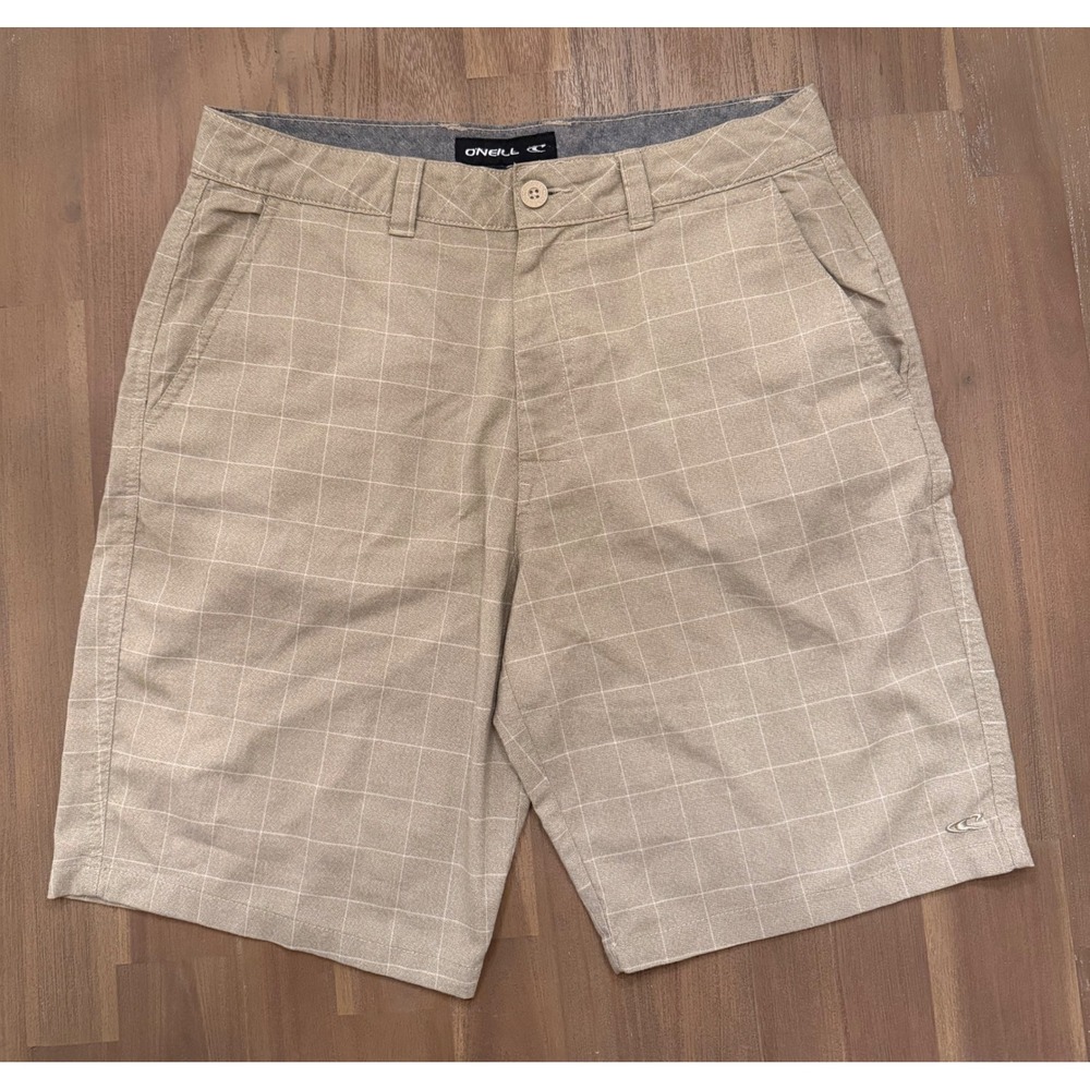 ONeill Mens Hybrid Shorts Tan Grid Plaid Size 32 Boardshorts Casual Walk Shorts